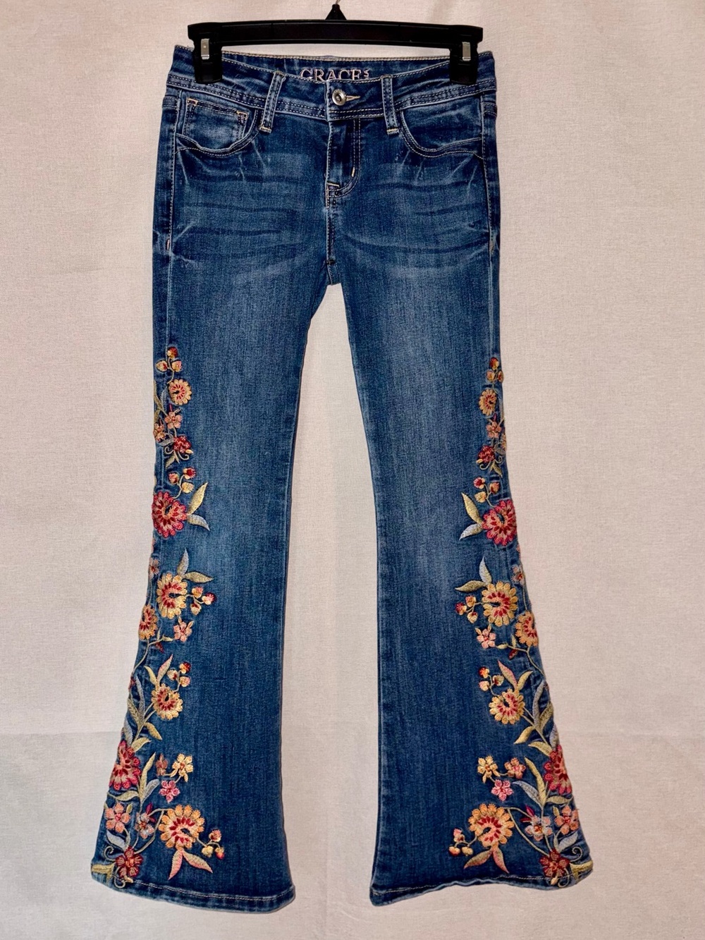 Grace in LA Dark Blue Floral Embroidered Flare Jeans